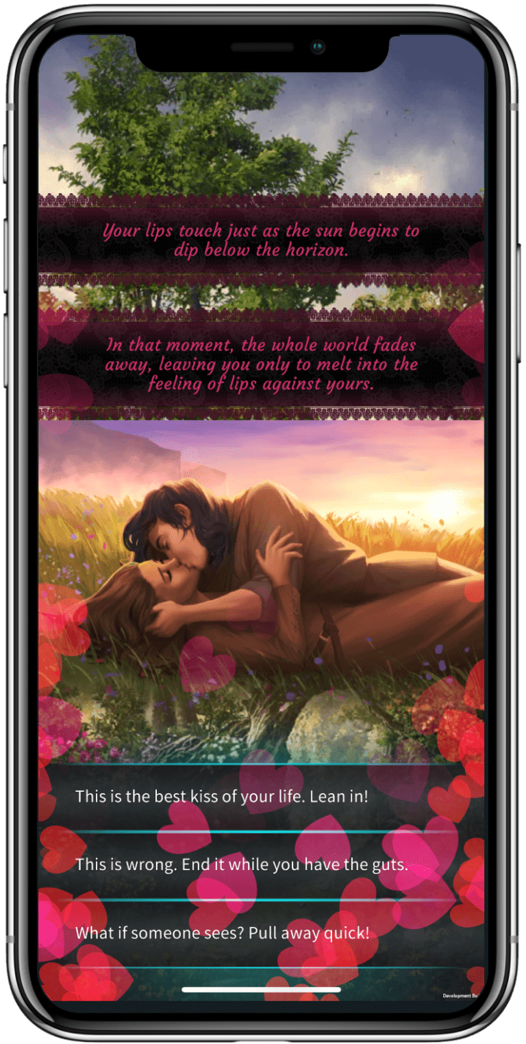 Game scene of beautiful women kissing at sunset. Premium choices unlock unique story paths.