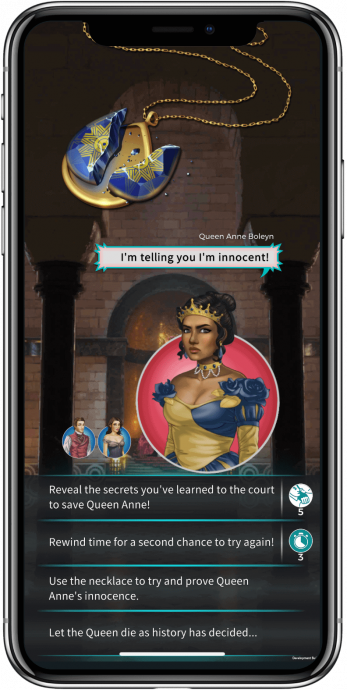 Gameplay in published story game: Save the Queen. Your choices will rewrite history.